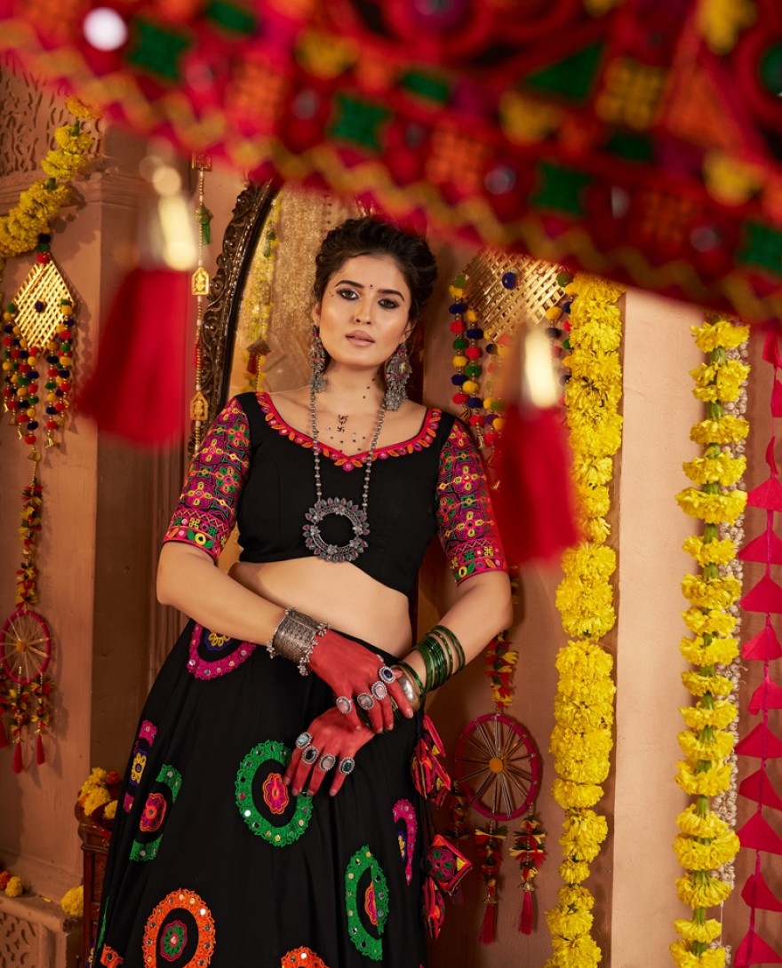 11012 - PRETTY BLACK MIRROR WORK NAVRATRI WEAR LEHENGA CHOLI WITH DUPATTA
